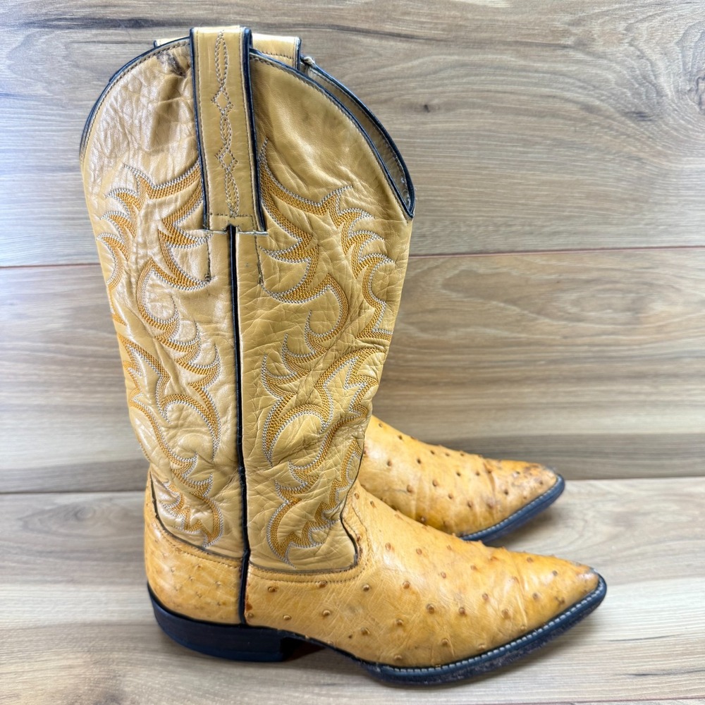 Ostrich Leather Western Mens Boots‎ 7 FLAWED Yellow Tan Pointed Toe